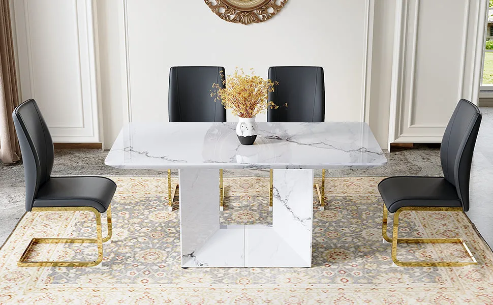 63"X35.4" White Marble-Patterned Dining Table Set   4 Black PU Chairs, Gold Metal Legs. Modern Stylish Design.
