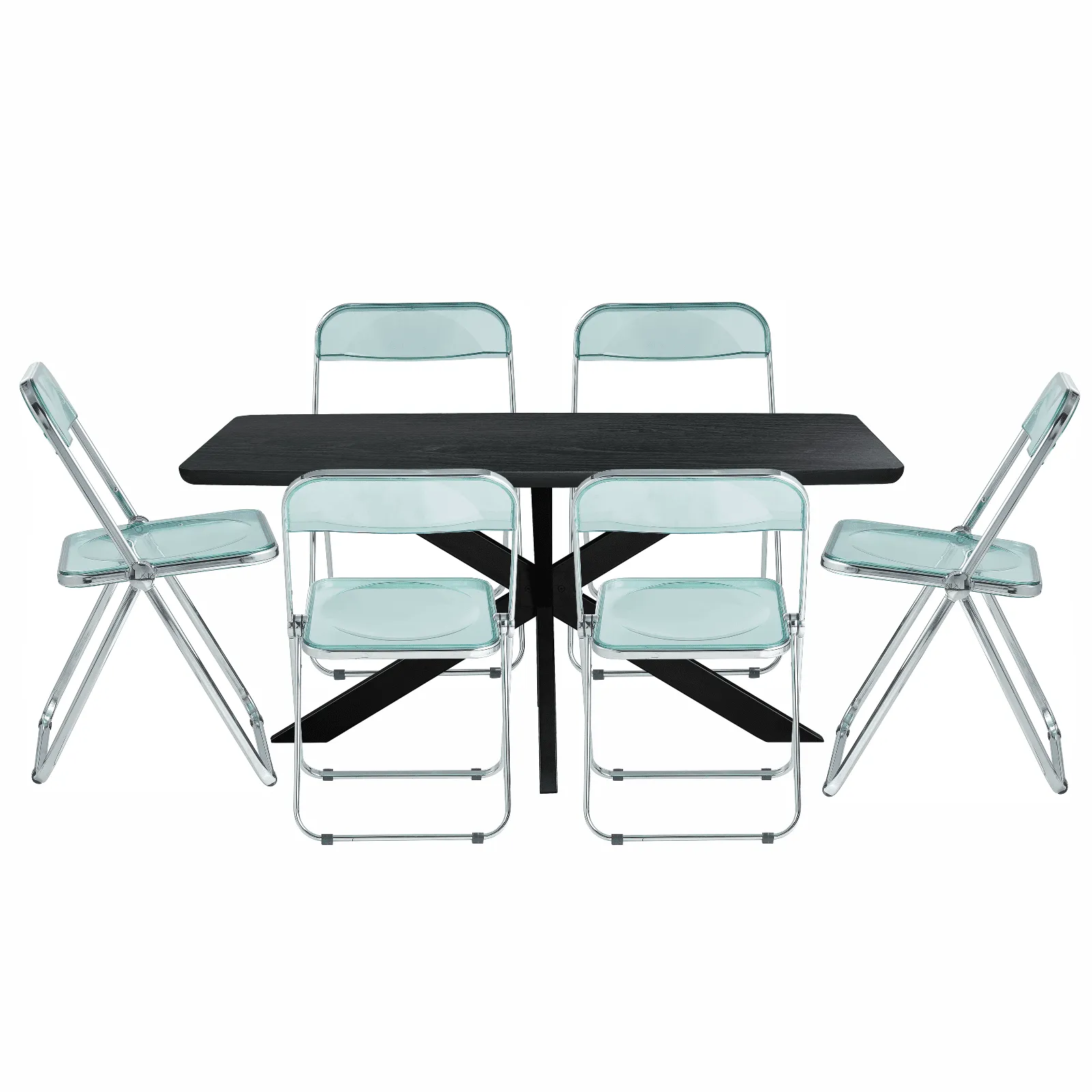 Lawrence 7-Piece Dining Set: Folding Acrylic Chairs & Rectangular Wood Table with Geometric Base
